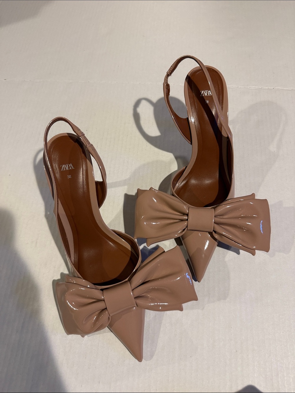 Zara Patent Blush Bow Pointed Slingback Heels
